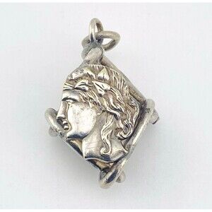 Antique Greco Roman Profile Silver Fob Pendant Laurel Crown Victorian